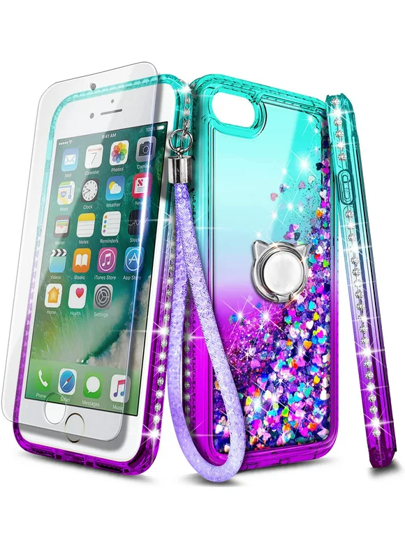 Nagebee Case for iPhone 8 Plus, 7 Plus / 6 Plus / 6S Plus with Tempered Glass Screen Protector, Sparkle Glitter Liquid Bling Diamond [Ring Holder & Wrist Strap] Women Girls Cute Case (Aqua/Purple)