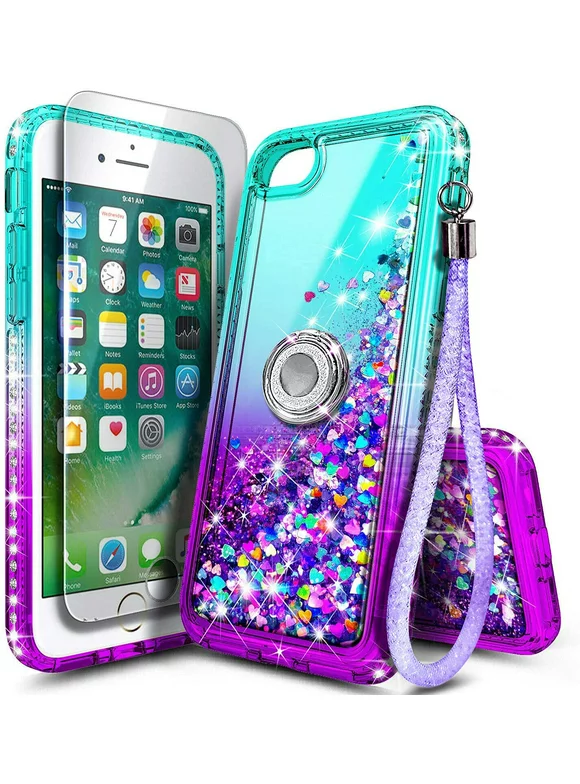 Nagebee Case for iPhone SE 3 5G 2022, iPhone SE 2 2020, iPhone 8 7 6S 6 with Tempered Glass Screen Protector, Glitter Liquid Bling Diamond, [Ring Holder & Wrist Strap] Case (Aqua/Purple)