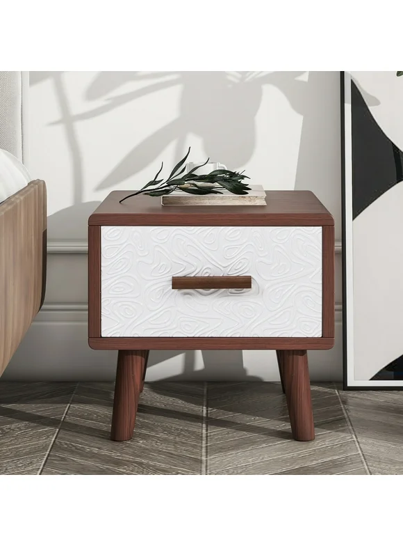 Nightstand with 1 Drawer, Bedside Table with Adorned with Embossed Patterns, Bedside Cabinet with Wood Legs and Handles for Living Room, Brown+White