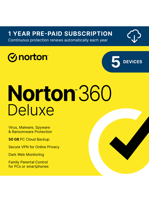 Norton 360 Deluxe, Antivirus Software for 5 Devices, 1 Year Subscription, PC/Mac/iOS/Android [Digital Download]