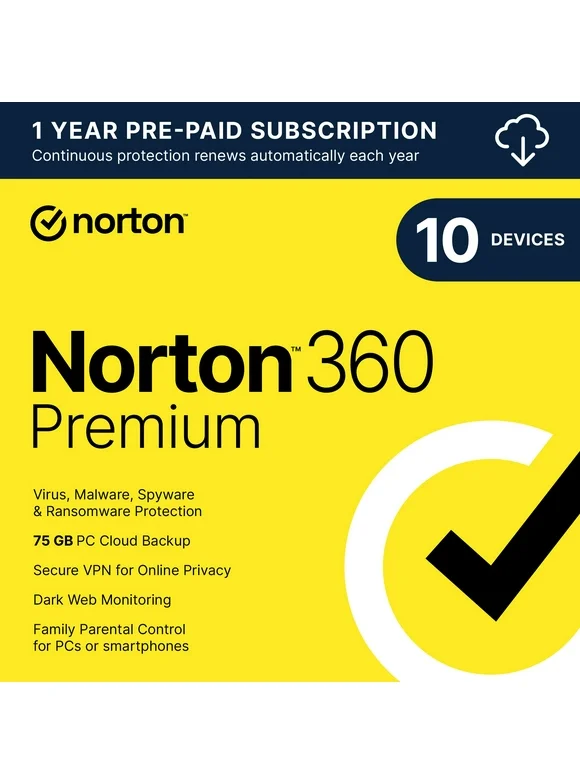 Norton 360 Premium, Antivirus Software for 10 Devices, 1 Year Subscription, PC/Mac/iOS/Android [Digital Download]