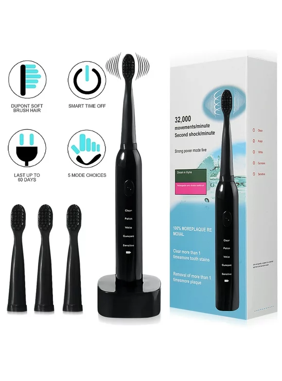 OUTAD Sonic Electric Toothbrush with 4 Brush Heads for Adult Kids, IPX7 Waterproof Rechargeable 5 Brushing Modes Smart Electric Toothbrushs