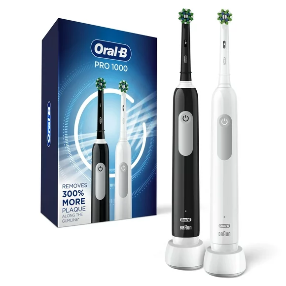 Oral-B Pro 1000 CrossAction Electric Toothbrush, Powered by Braun, Black and White, Pack of 2