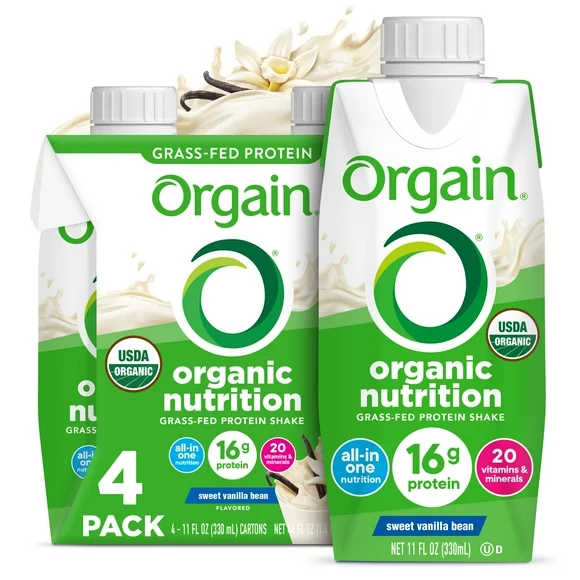 Orgain Organic Nutrition Shake, Grass Fed Protein, Vanilla Bean 11oz, 4ct