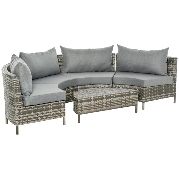 Outsunny 5pc Half Moon Outdoor Sectional Sofa w/ Table & Cushions, Gray