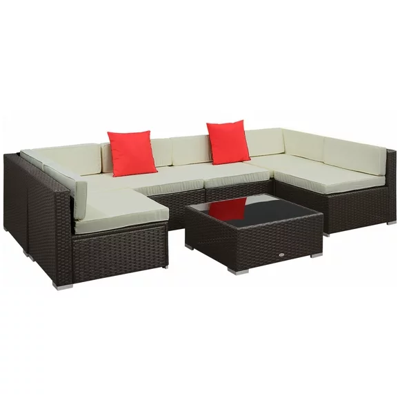 Outsunny 7pc Sectional Wicker Patio Furniture, Beige
