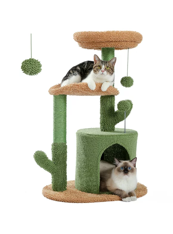 PAWZ Road 32" Cat Tree Tower with Cactus Sisal Scratching Posts for Indoor Small Cats, Green