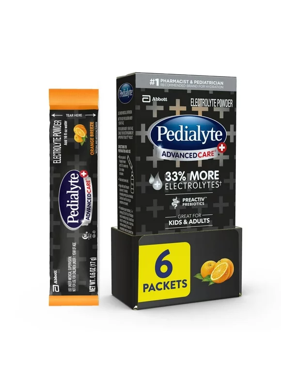 Pedialyte AdvancedCare Plus Electrolyte Powder, with 33% More Electrolytes and PreActiv Prebiotics, Orange Breeze, Electrolyte Drink Powder Packets, .6 oz, 6 Count