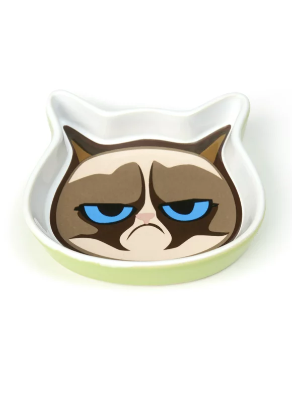 PetRageous Designs 4.75-Inch 4 Ounce Capacity Grumpy Cat Saucer, Green