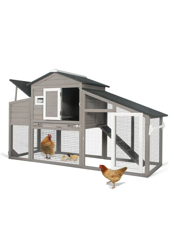 PetsCosset 71" Chicken Coop Large Wooden Backyard Hen House Outdoor for 2-3 Chickens, 2 Story Poultry Cage with Run, Nesting Box, Pull Out Trays, Grey