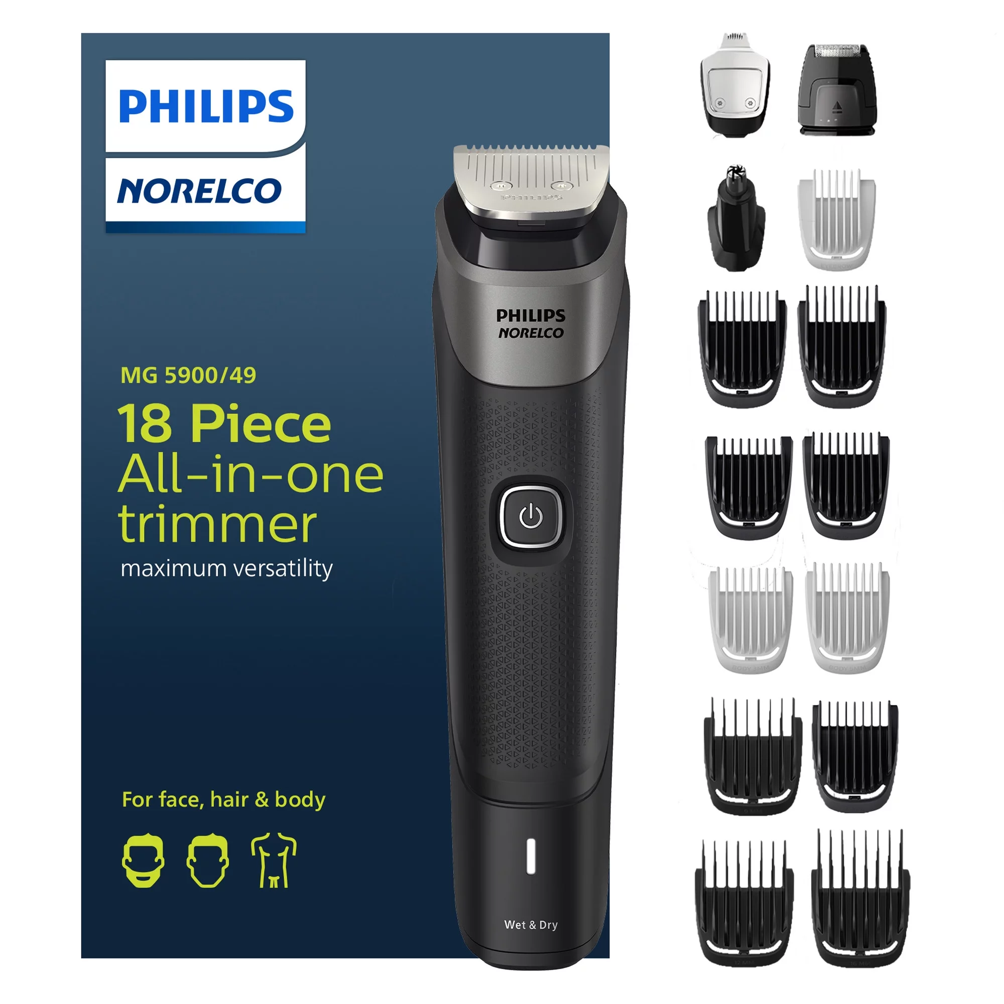 Philips Norelco Multigroom Series 5000 18 Piece, Beard Face, Hair, Body and Intimate Hair Trimmer For Men - No Blade Oil MG5900/49