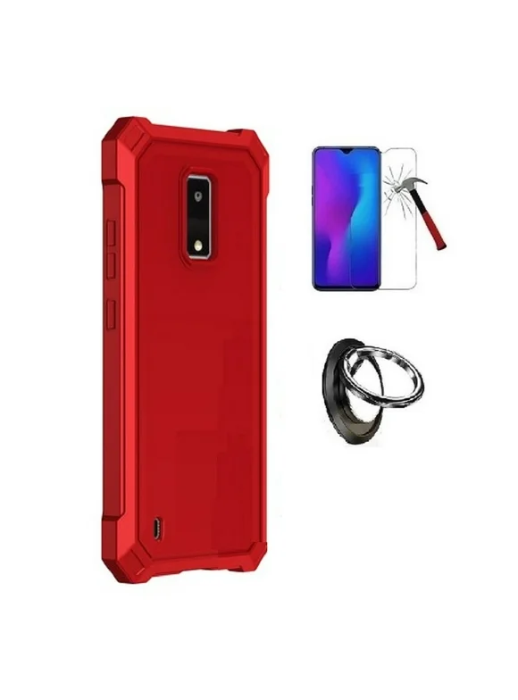 Phone Case for Blu View 4,  Full Body  TPU Cover Case + Ring/ Tempered Glass (Red)