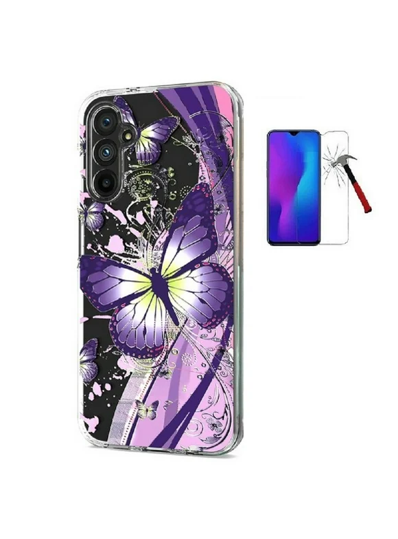 Phone Case for Samsung Galaxy A15 5G, Butterfly Design Transparent Shock-Resistant Hybrid Case Cover + Tempered Glass (Purple)