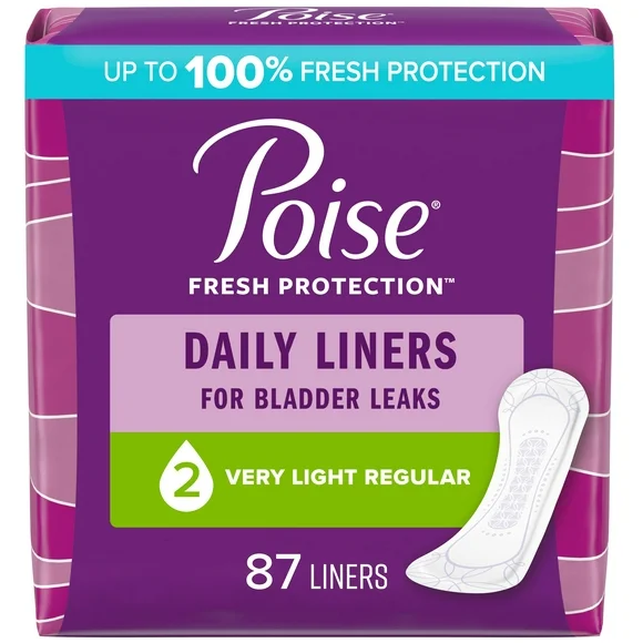 Poise Daily Incontinence Panty Liners, 2 Drop, Very Light Absorbency, Regular, 87Ct