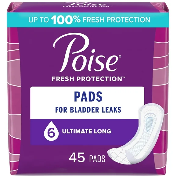Poise Incontinence Pads for Women, 6 Drop, Ultimate Absorbency, Long, 45Ct