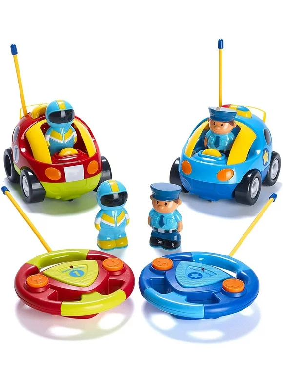 Prextex 2 Pack Cartoon Remote Control Cars | Police Car and Race Car - RC Toys for Kids, Boys, & Girls - Each with Different Frequencies So Both Can Race Together - Gifts for Toddler Boys Ages 2-4