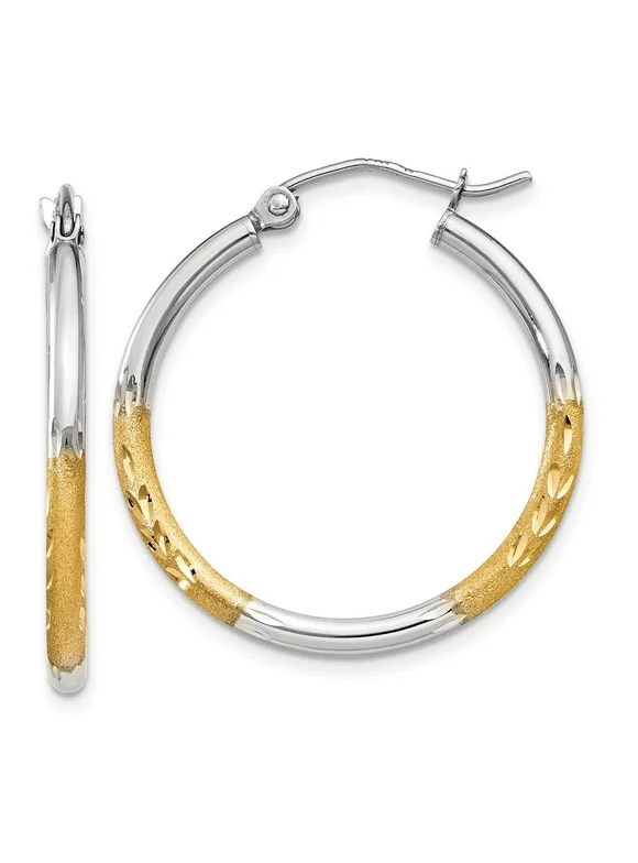 Primal Gold 14 Karat Yellow Gold and Rhodium-plated 2mm Satin and Diamond-cut Hoop Earrings