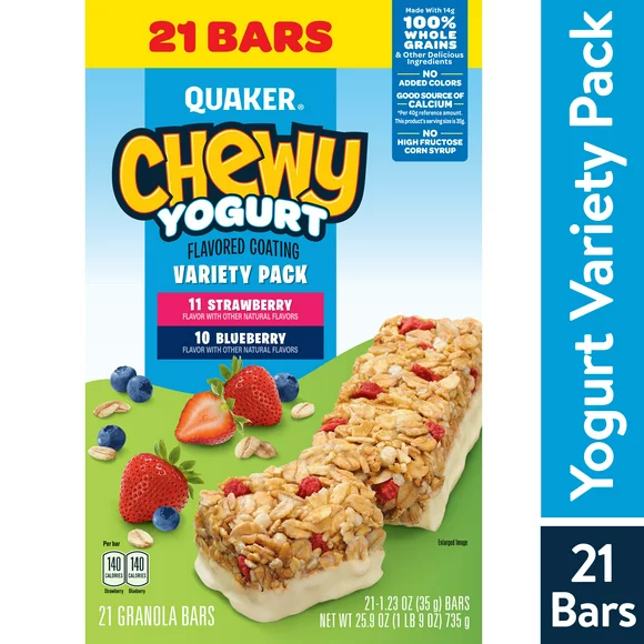 Quaker Chewy Yogurt Granola Bars, Variety Pack, 1.23 oz, 21 Count