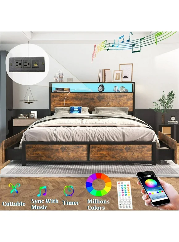 Queen LED Bed Frame with Power Charging Station and USB Ports, Metal Platform Bed with Storage Headboard & 4 Drawers(Brown-Queen)