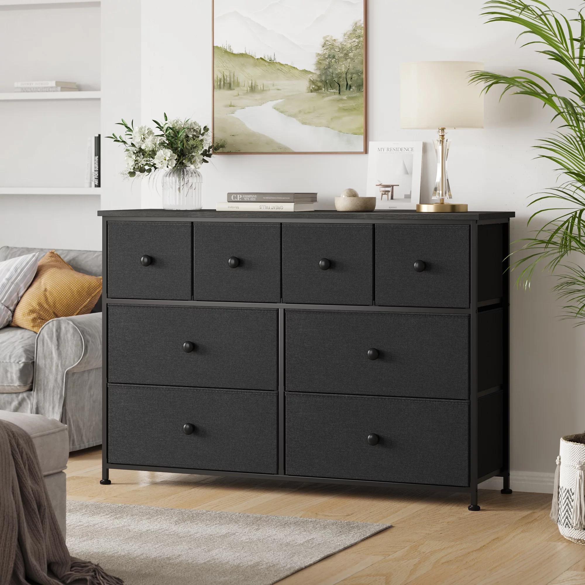 GUNAITO 8 Drawer Dresser, Chest of Drawers for Bedroom, Fabric Drawer for Kids and Adult, Steel Frame and Wooden Top Black Grey