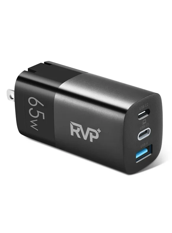 RVP+ 65W USB C and USB A Charger, (GaN) Tech Power Adapter, 3-Port Wall Charger, Foldable Fast Charger for iPhone, Smartphones, Tablets, Laptops - Black