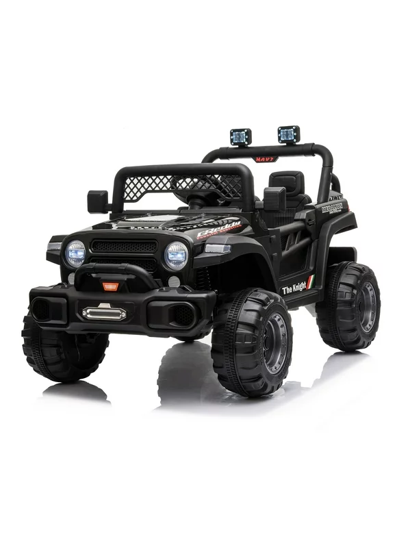Ride on Car with Remote Control, Ride on Toys Car with Spring Suspension, Led Lights, Music Player, Battery Cars for Kids, Black All Terrain Ride on Truck UTV, JA2740