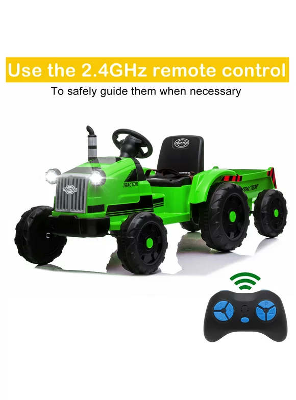 Ride on Car Tractor w/ Remote Control, 12V Rechargeable Battery Motorized Vehicles for Kids 3 to 6 Years, 2 Speeds Electric Realistic Off-Road with LED Lights, Horn, MP3 Player - Green, K127