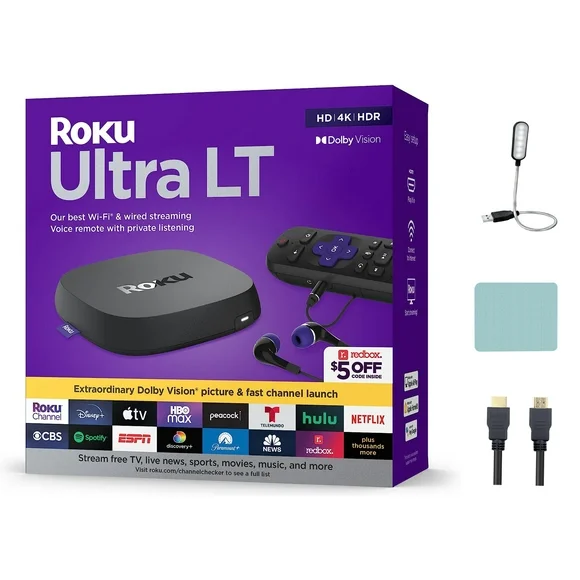 Roku Ultra LT (2023) HD/4K/HDR Dolby Vision Quad-Core Streaming Player with HDMI Cable, Headphones, Voice Remote w/ Private Listening, Ethernet + Mazepoly Accessories