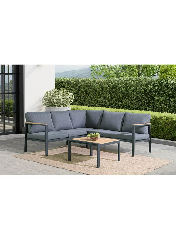 Rossio Outdoor 4 Piece Sectional Sofa, Teak Patio Corner Seating Set With Aluminum Frame