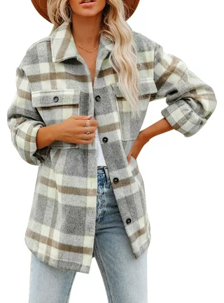 SHEWIN Women's Shacket Plaid Jacket Button Down Coats Long Sleeve Shirts Blouses Outwear Tops with Pockets