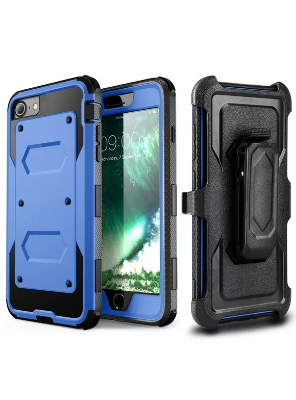SOATUTO Heavy Duty Protective Case with Kickstand Build-in Screen Protector and Belt Swivel Clip for Apple iPhone 8 / 7 & iPhone SE 2020 / 2022 (Blue)