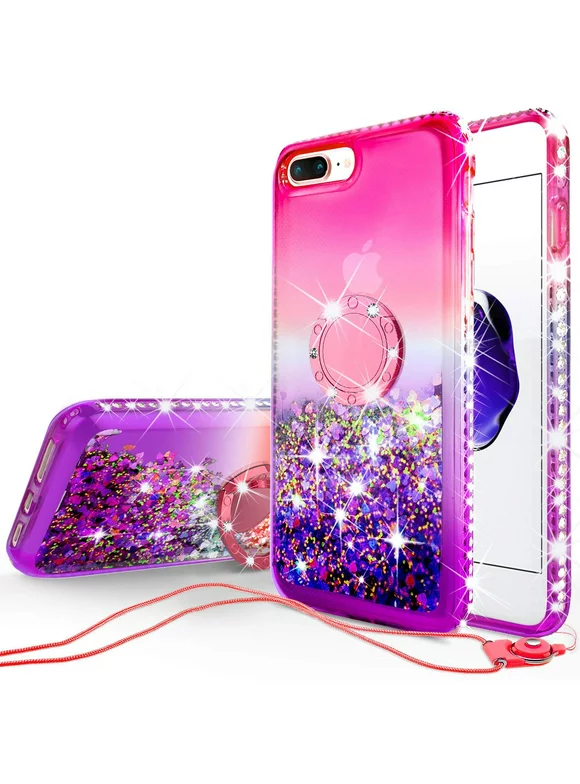 SOGA Rhinestone Liquid Floating Quicksand Cover Cute Phone Case Compatible for Apple iPhone 8 Case, iPhone 7 Case with Embedded Metal Diamond Ring for Magnetic Car Mounts and Lanyard - Pink on Purple