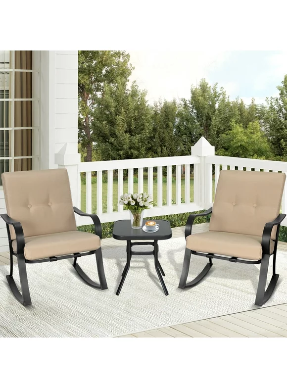 SUNCROWN 3-Piece Outdoor Patio Bistro Set Black Metal Rocking Chairs and Table with Brown Cushions