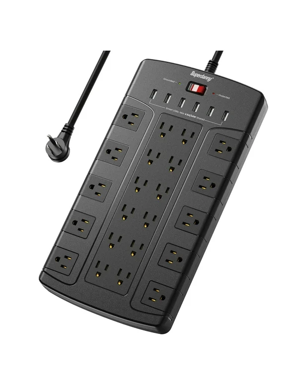 SUPERDANNY Surge Protector Power Strip 22 AC Outlet 6 USB Ports 6.5 ft Extension Cord Black