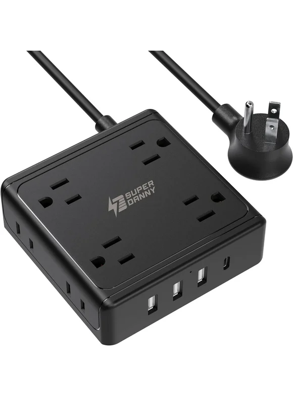SUPERDANNY Surge Protector Power Strip with  8 Outlet 4 USB Flat Plug Outlet Extender 5 ft Black