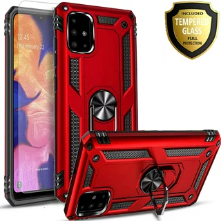 Samsung Galaxy A71 5G Case, With [Tempered Glass Screen Protector Included], STARSHOP Drop Protection Ring Kickstand Cover- Red