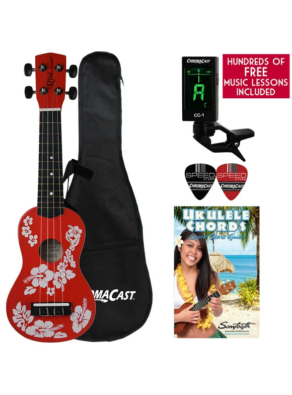 Sawtooth Beginner's Ukulele with Case, Clip on Tuner, Lesson-Chord Guide, Picks and Free Music Lessons