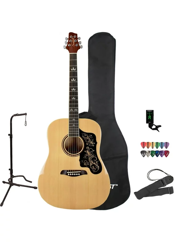 Sawtooth Dreadnought Folk Acoustic Guitar with Padded Case, Tuner, Stand, Strap, Picks, and Spanish Pickguard