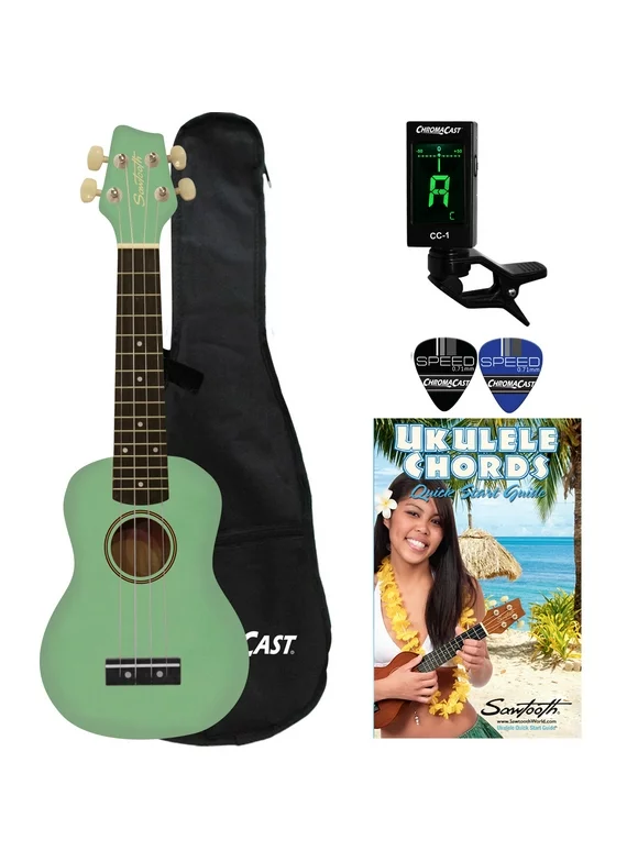 Sawtooth Soprano Surf Green Ukulele with Case, Clip on Tuner, Lesson-Chord Guide, and Picks