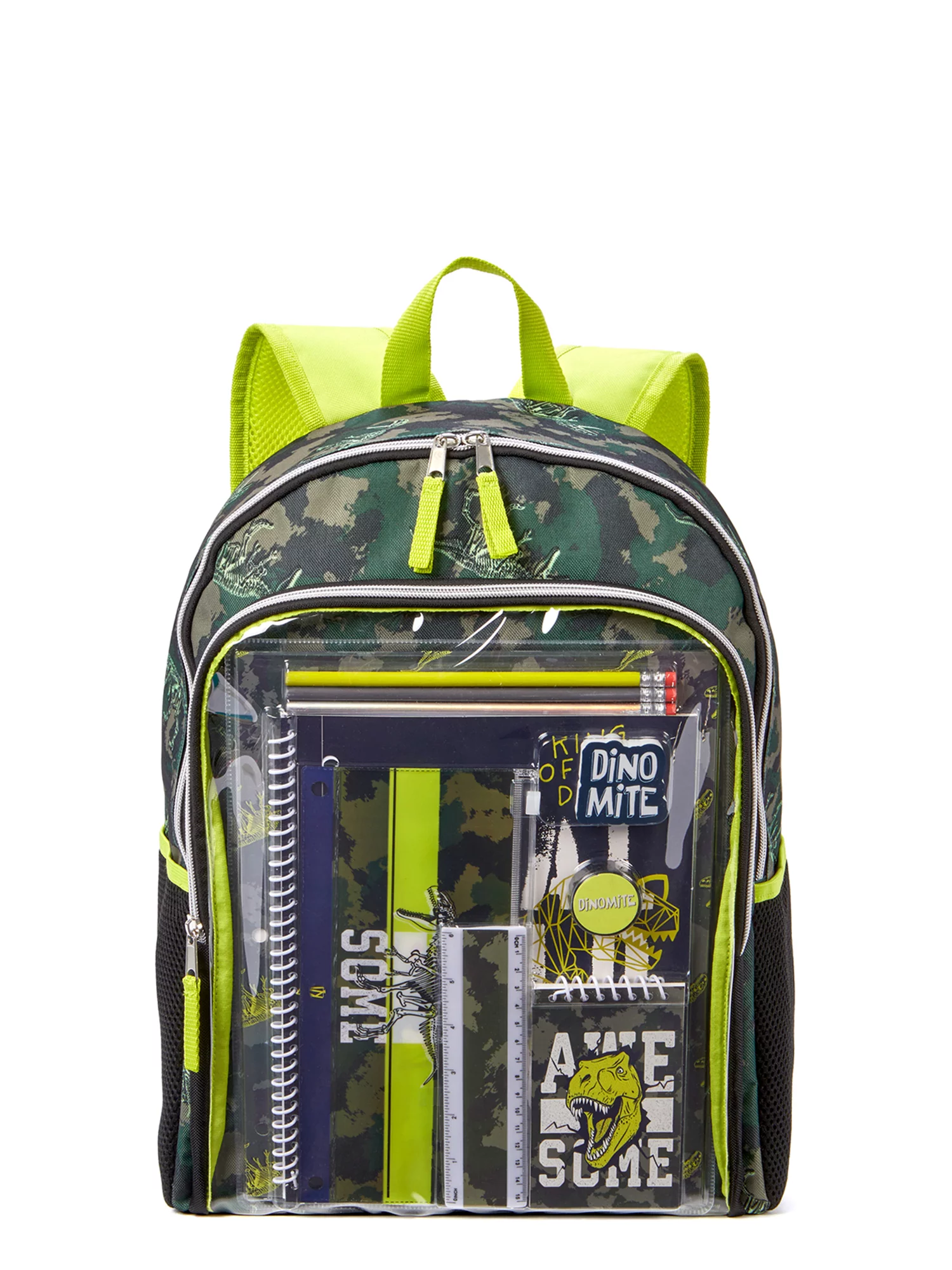 Schoolyard Vibes Boys Children Backpack with Stationary Set Dinosaur Print, Green