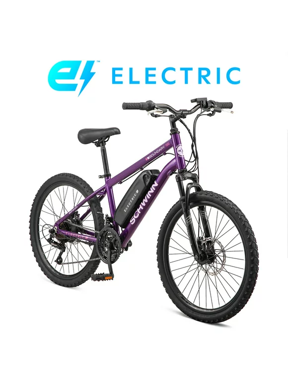 Schwinn 24" Boundary Electric Mountain Bike for Adults, 7 Speeds, 250w Ebike Motor, Purple