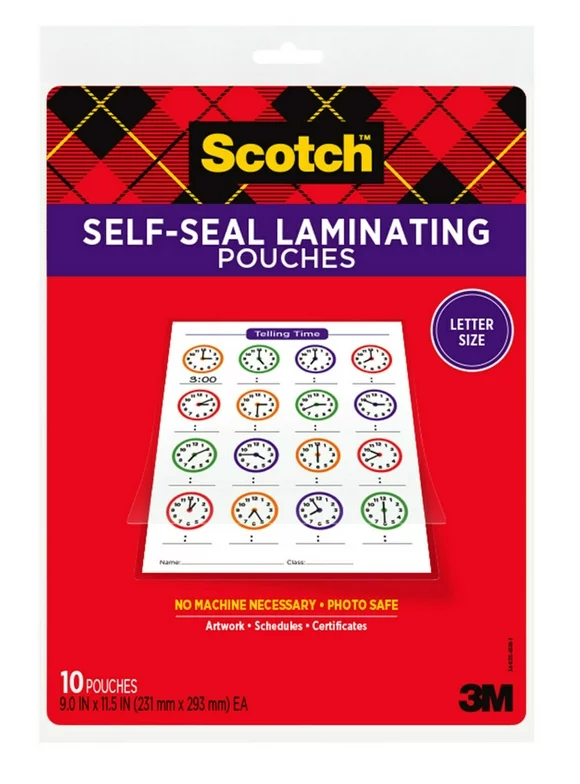 Scotch Self-Seal Laminating Pouches, 10 count, 8.5" x 11", 3 mil Thick