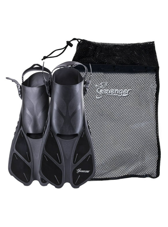 seavenger torpedo swim fins | travel size | snorkeling flippers with mesh bag for women, men and kids (black, l/xl)