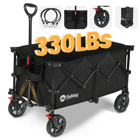 Sekey 330L Collapsible Heavy Duty Wagon Large Capacity, Foldable Utility Garden Cart with Two Straps & Drink Holders. Black