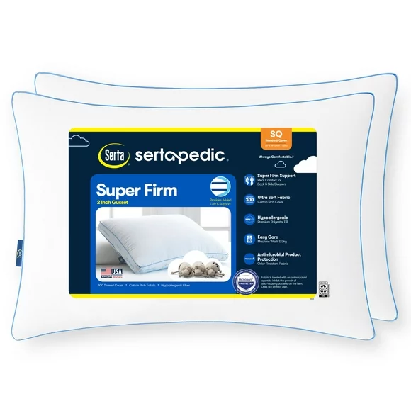 Sertapedic Super Firm Pillow, Standard/Queen, 2 Pack