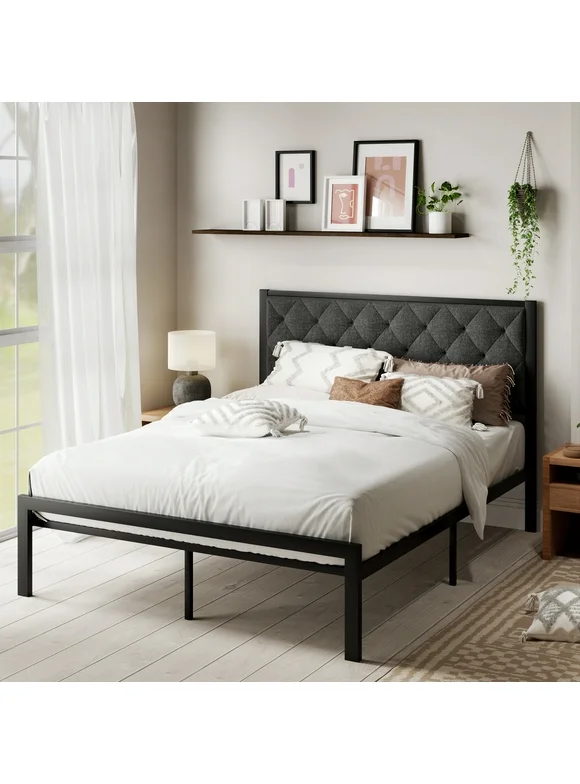 Sha Cerlin Queen Size Metal Platform Bed Frame with Tufted Headboard & Underbed Storage, Dark Gray
