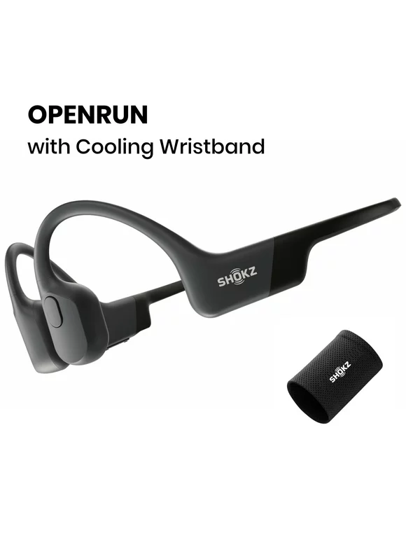 Shokz OpenRun Bone Conduction Waterproof Bluetooth Headphones for Sports with Cooling Wristband (Formerly Aeropex), Black