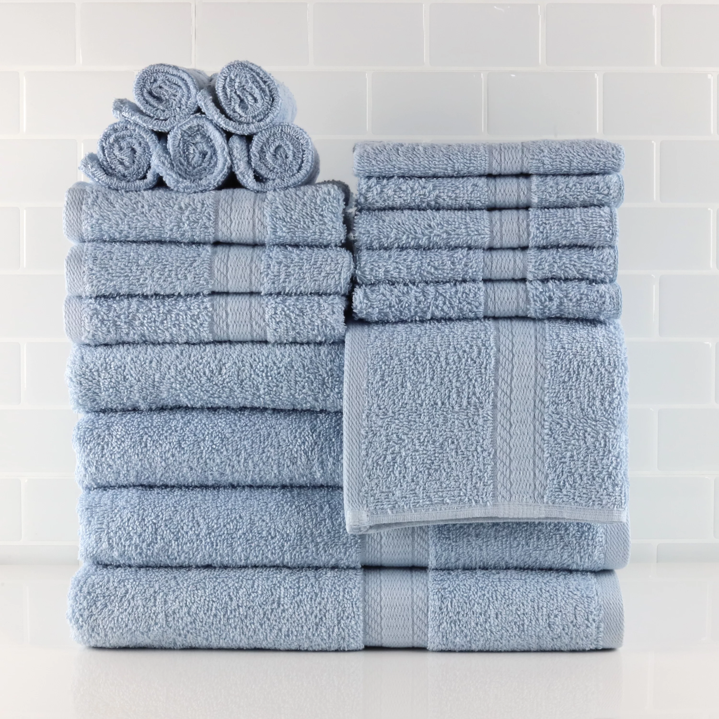 Solid 18-Piece Bath Towel Set, Blue Shell, Mainstays