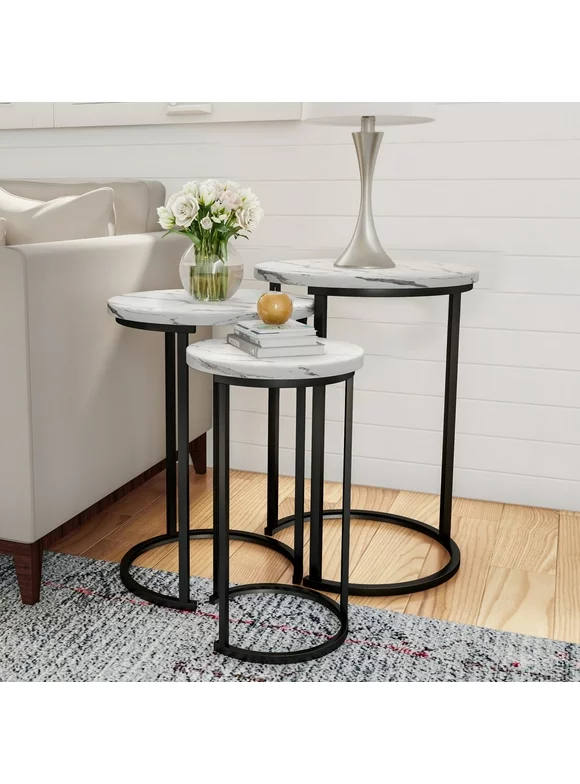Somerset Home Nesting Tables - Accent Furniture Set of 3, White Faux Marble