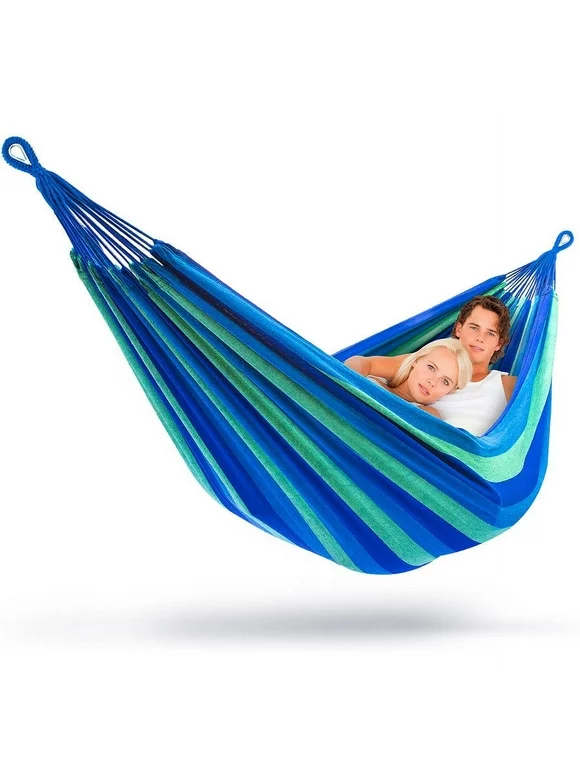 Sorbus Brazilian Double Hammock, Extra-Long Two Person Portable Hammock Bed for Any Indoor or Outdoor Spaces, (Green/Blue Stripes)